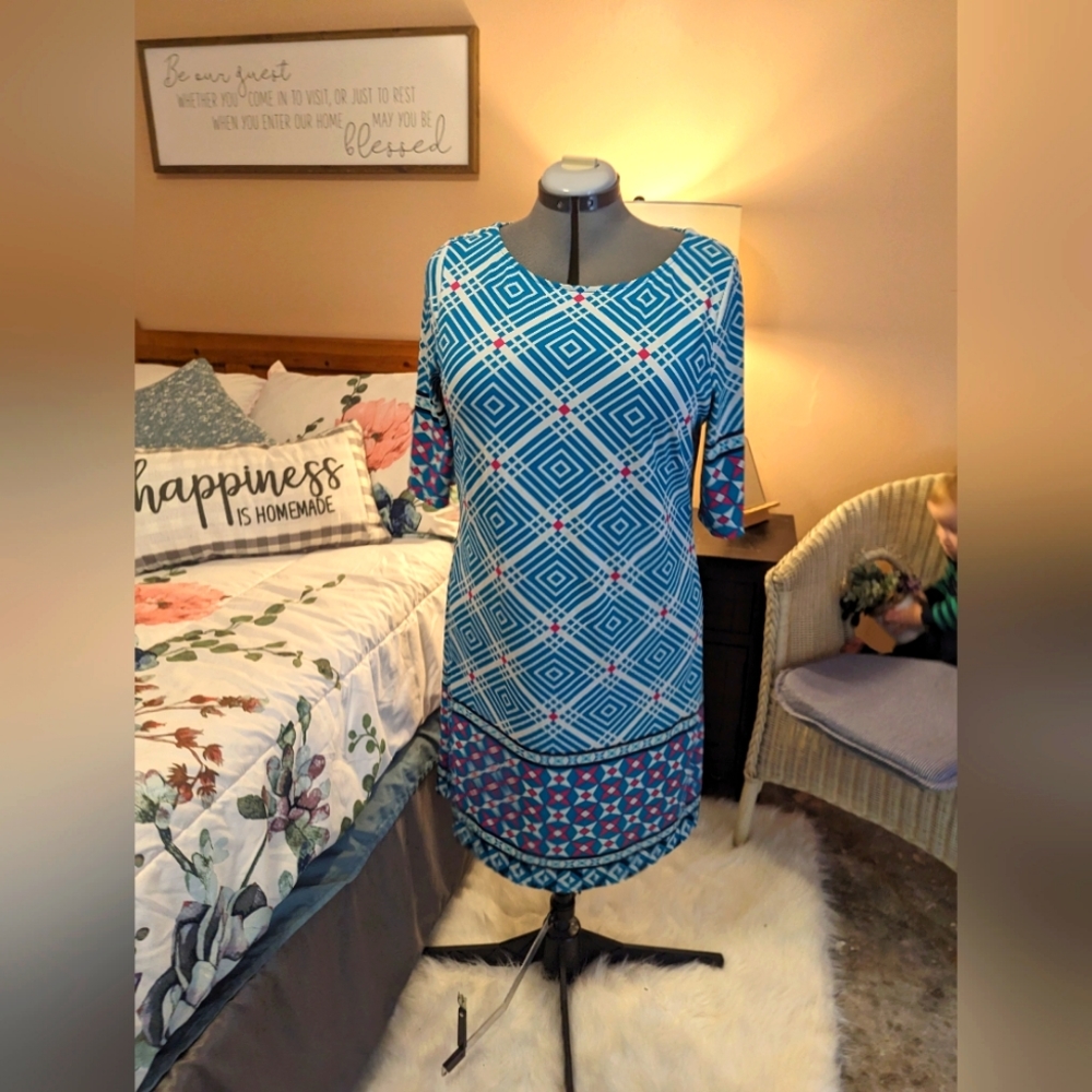 Aryeh size L shift dress with bold blue white and magenta print